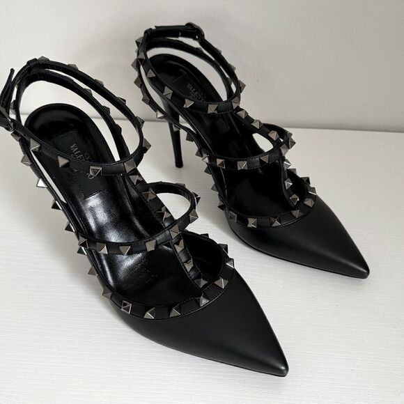 ⭕️ VALENTINO Sandals Heels Black Leather Rockstud Ankle Strap 39 - Picture 6 of 11